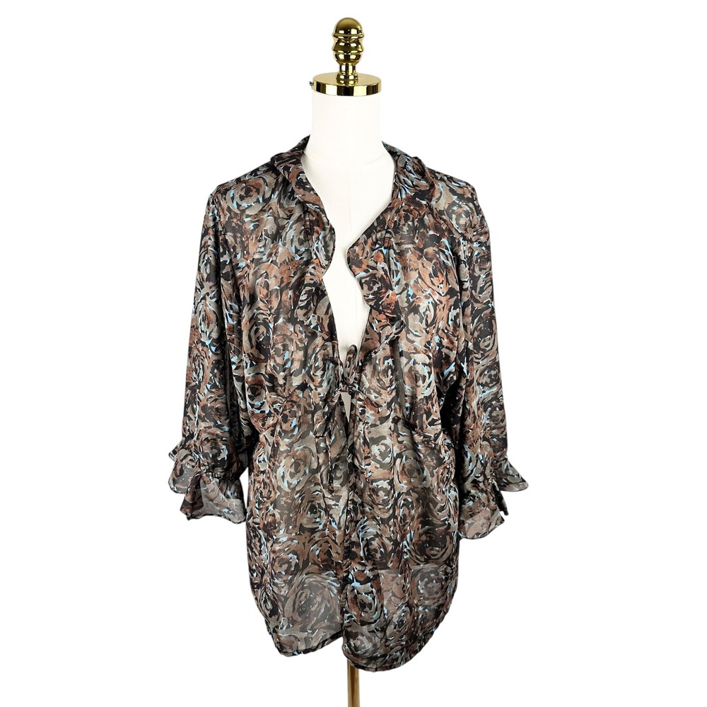 VTG Y2K Club Z Collect. Sheer Floral Ruffle Tie Front Blouse Swim Cover Plus 2X